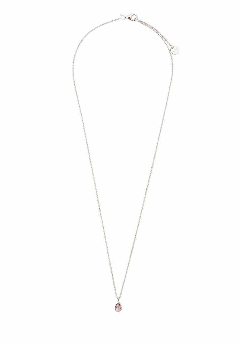 Collier chaîne en argent avec un petit pendentif en pierre précieuse rose en forme de goutte et une fermeture à mousqueton.