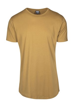 Kurzärmliges T-Shirt in Senfgelb, aus weicher Baumwolle, mit rundem Halsausschnitt und glatter, untexturierter Oberfläche.