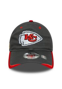 Gray adjustable cap with red accents, featuring an embroidered Kansas City Chiefs logo on the front. Soft fabric, curved brim.
