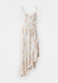 Maxikjole med blomsterprint i lett stoff med volanger; har tynne, justerbare stropper og en asymmetrisk kant i myke pastellfarger.