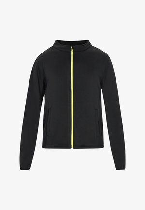 Černá bunda s dlouhými rukávy, jednobarevná, bez límce, s jasně žlutým zipem a dvěma bočními kapsami. Hladká textura.