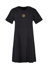 Czarna bawełniana sukienka T-shirt z krótkimi rękawami, z centralnym haftowanym wzorem kwiatu w kolorze żółtym i brązowym na piersi.