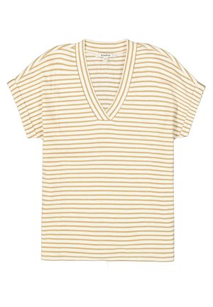 T-shirt à manches courtes, rayé beige et blanc, col en V avec manches retroussées, posé à plat sur fond blanc.