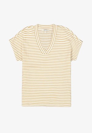 T-shirt à manches courtes, rayé beige et blanc, col en V avec manches retroussées, posé à plat sur fond blanc.
