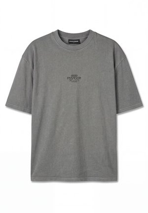 Gray short-sleeve crew neck T-shirt with small black "PEGADOR" logo and text centered on the chest.