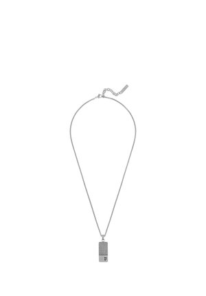 Silver chain necklace with a rectangular pendant featuring a textured pattern and a small letter "P" engraved on the lower part.