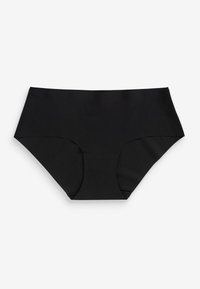 Zwarte bikini broek gemaakt van een gladde stof. Heeft een hoge taille ontwerp met ronde beenopeningen en minimale stikdetails.