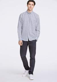 Gestreepte button-up shirt in blauw en wit, lange mouwen, gecombineerd met donkere broek en witte sneakers. Eenvoudig ontwerp, getailleerde pasvorm.