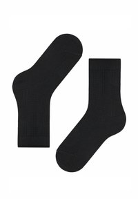 Schwarze Baumwollsocken mit einem gerippten Design und strukturierten Akzenten. Die Bündchen sind fest und die Gesamtlänge ist knöchellang.
