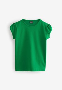 T-shirt en coton vert à manches courtes avec un col rond et de légères manches bouffantes. Texture lisse avec une coupe droite et sans motifs.
