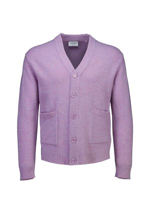 Lavendelfarbene Strickjacke mit V-Ausschnitt, geripptem Kragen und Bündchen, fünf Knopfverschluss und zwei vorderen Taschen. Weiches Strickmaterial mit strukturierter Oberfläche.