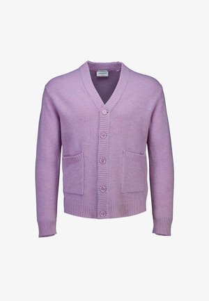 Cardigan lilla con scollatura a V, colletto e polsini a costine, chiusura con cinque bottoni e due tasche frontali. Tessuto tricot morbido con finitura testurizzata.