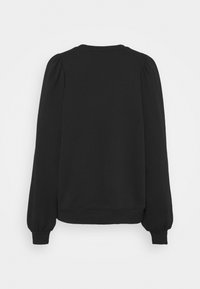 Svart sweatshirt med långa puffärmar och rundad halsringning. Slät textur och en åtsittande midja nederst.