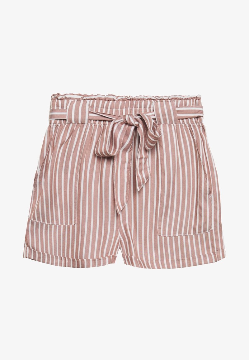 Shorts taille haute à rayures verticales roses et blanches avec une ceinture en tissu nouée en nœud et des poches avant.