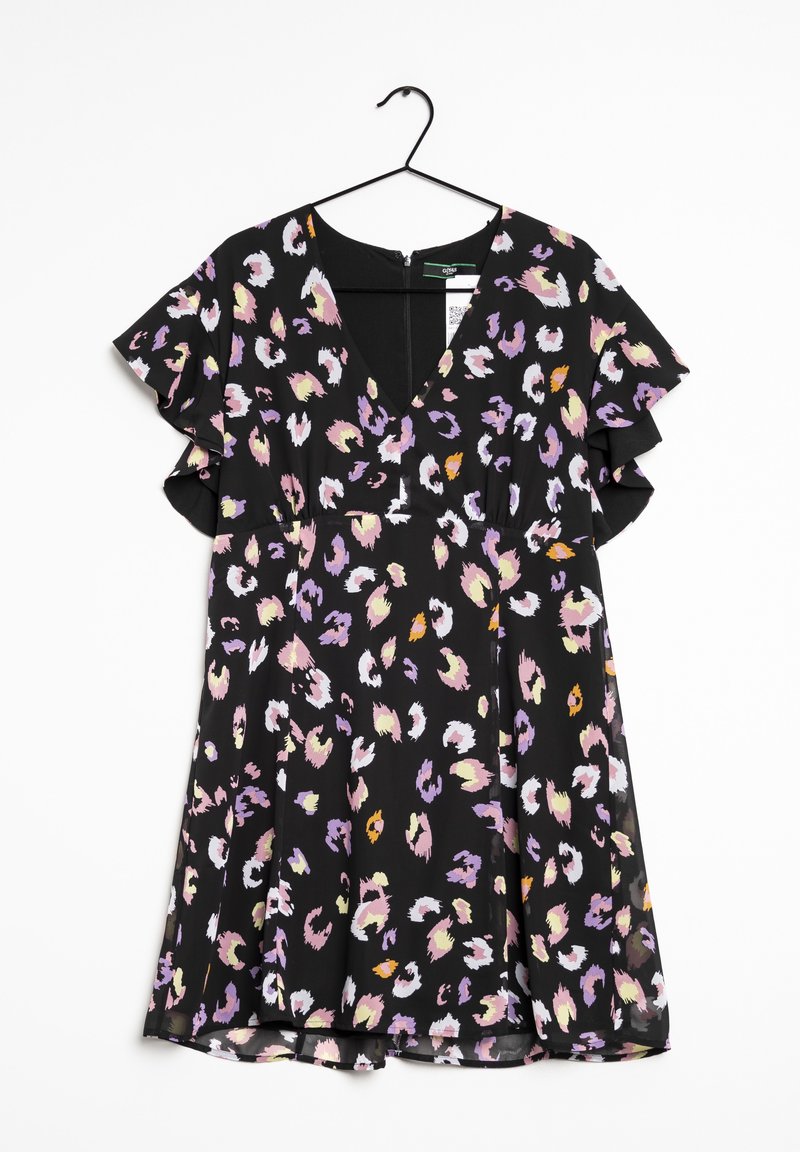Robe noire avec des manches courtes à volants, décolleté en V et motif abstrait multicolore en rose, violet, jaune et blanc. Tissu fluide.
