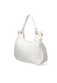 Witte leren handtas met een textured oppervlak, gebogen vorm, dubbele handvatten en gouden hardwareaccenten. Bevat een rits en een logo aan de voorkant.