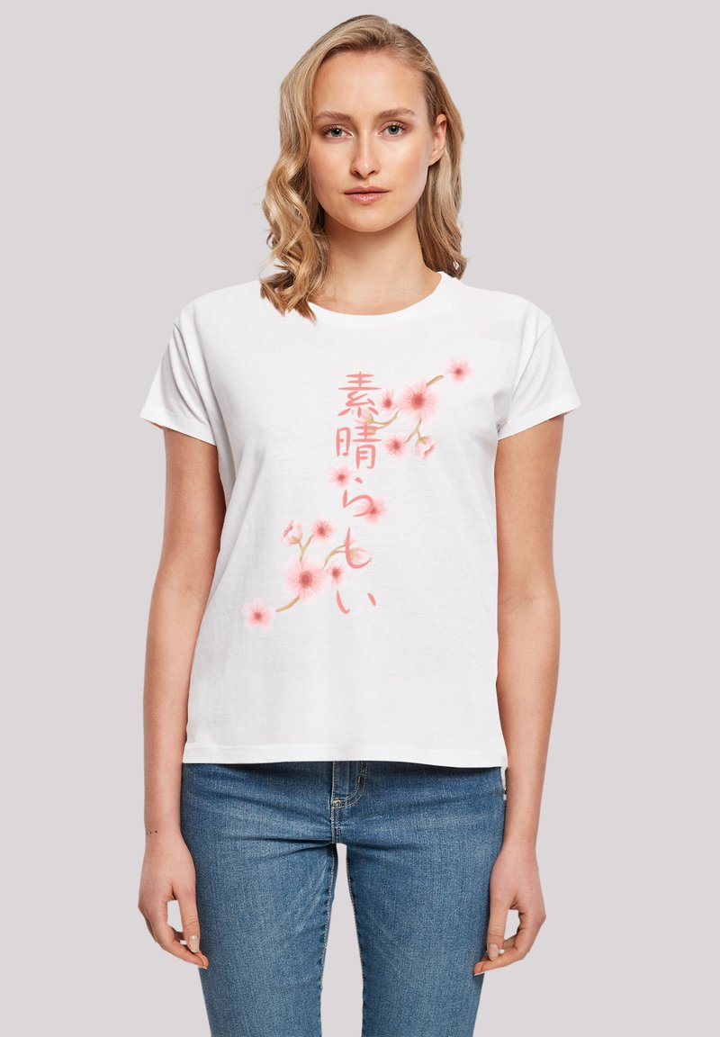 White cotton t-shirt featuring a floral design with pink flowers and Japanese text. Short sleeves and a round neckline, relaxed fit.
