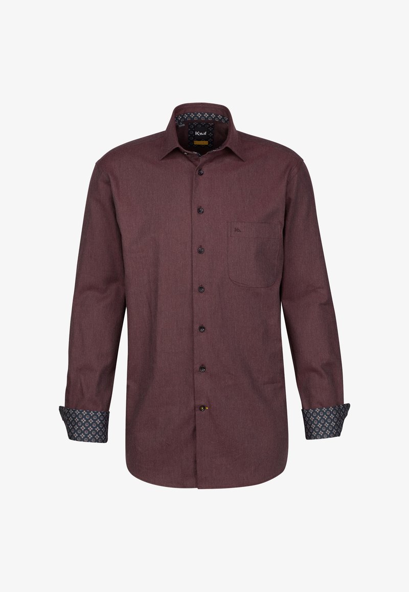 Camicia a maniche lunghe bordeaux con bottoni e tasca sul petto. I polsini presentano una fodera interna a motivo blu navy. Bottoni neri completano il tessuto.