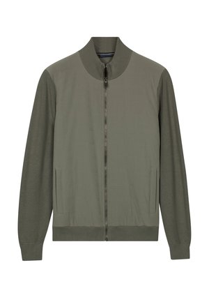 Oliemerkleurig jack met ritssluiting, geribde kraag, manchetten en zoom, voorzien van lange mouwen en twee zakken aan de voorkant.