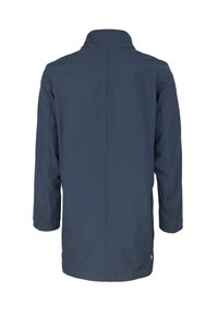 Marineblauwe jas met een kraag en lange mouwen. Gladde textuur, rechte snit en een discreet logo nabij de zoom op de achterkant.