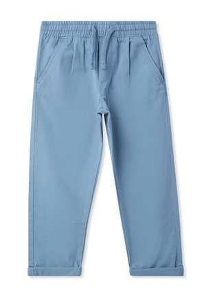 Niebieskie spodnie bawełniane z elastycznym paskiem w talii, regulowanym sznurkiem i kieszeniami bocznymi; nogawki zwężane z mankietami.