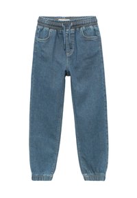 Pantalones jogger de mezclilla azul con cintura y puños elásticos, bolsillos frontales y cierre de cordón.