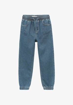 Niebieskie dżinsowe spodnie dresowe z elastycznym paskiem w talii i mankietami, kieszeniami z przodu oraz sznureczkiem do regulacji.