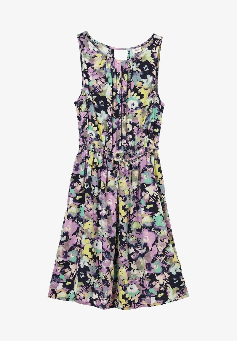 Robe sans manches avec taille froncée et ceinture à nouer, présentant un motif floral abstrait multicolore aux tons pastel sur fond foncé.