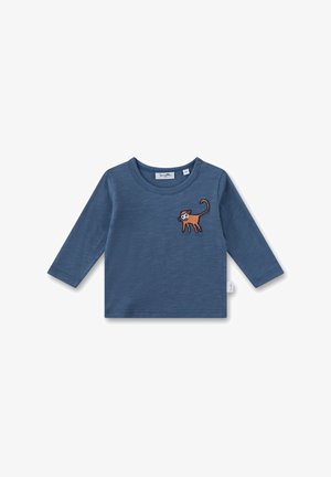 Langarmhemd aus blauer Baumwolle mit einem gestickten braunen Affen auf der Brust, rundem Halsausschnitt und Knopfdetails an der Schulter.