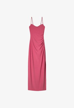 Fuchsia sleeveless dress with a scoop neckline and ruched detailing on the side, made of soft, smooth fabric, ankle-length design.
