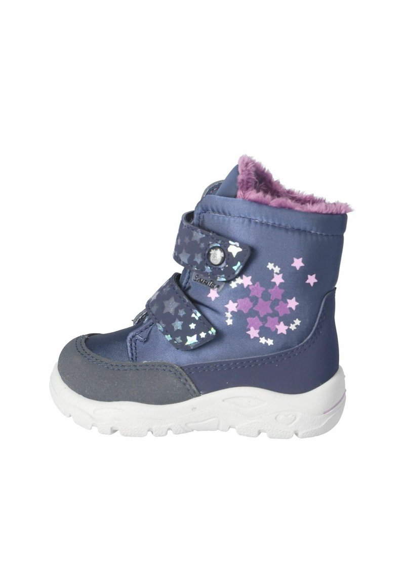 Botte d'hiver pour enfant bleu marine avec semelle blanche, motif d'étoiles violettes, double bande velcro et doublure en polaire violette.