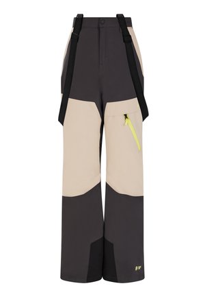 Pantalons de ski avec un design colorblock comportant des panneaux gris foncé et beige, des bretelles noires ajustables et une poche zippée jaune vif.