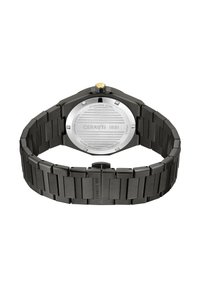 Svart klocka i rostfritt stål med en oktagonal urkapsel, silverfärgad baksida, guldaccent och en matt finish på armbandet som visar rektangulära länkar.