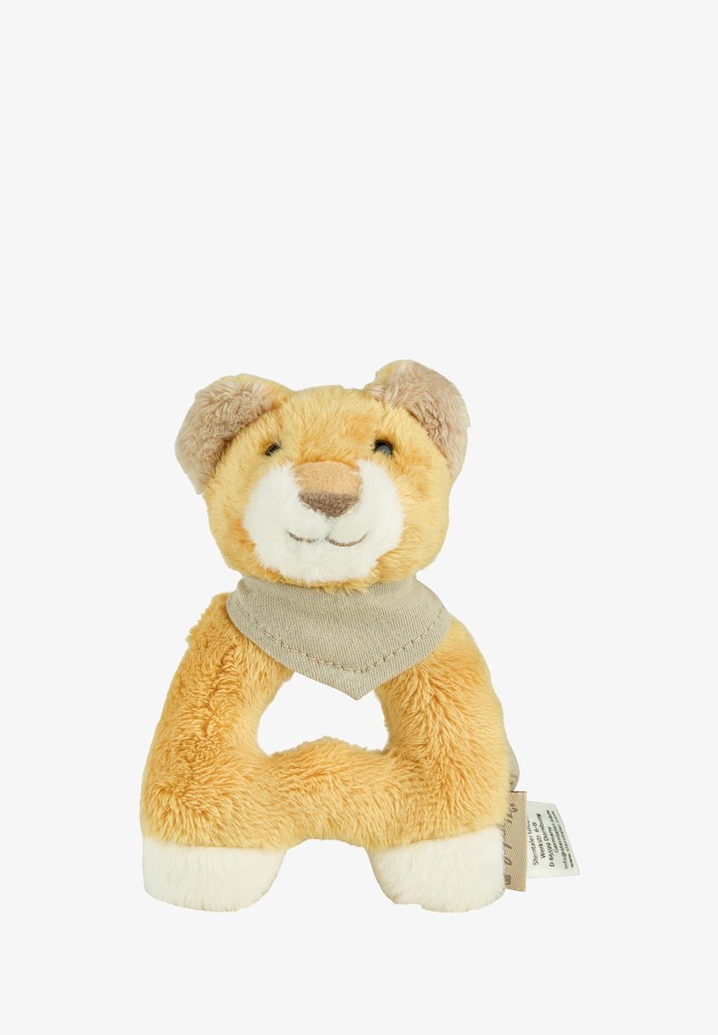 Plush lion rattle in soft yellow and cream, with a triangular beige scarf. Features rounded ears and a smiling face. Hygienic tag attached.