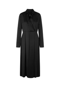 Robe midi noire à manches longues avec un col à revers et un devant croisé, dotée de manches avec poignets et d'une taille cintrée.