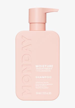 Rosa rektangulær sjampoflaske med pumpe, merket "Monday Moisture Hyaluronic Acid Sulfate-Free Shampoo," 354 mL, dermatologisk testet, vegansk, resirkulerbar.