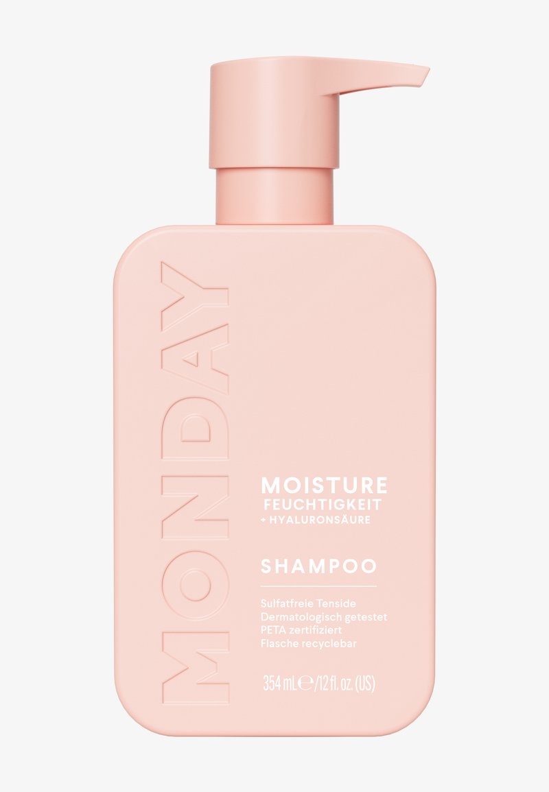 Rosa rektangulær sjampoflaske med pumpe, merket "Monday Moisture Hyaluronic Acid Sulfate-Free Shampoo," 354 mL, dermatologisk testet, vegansk, resirkulerbar.