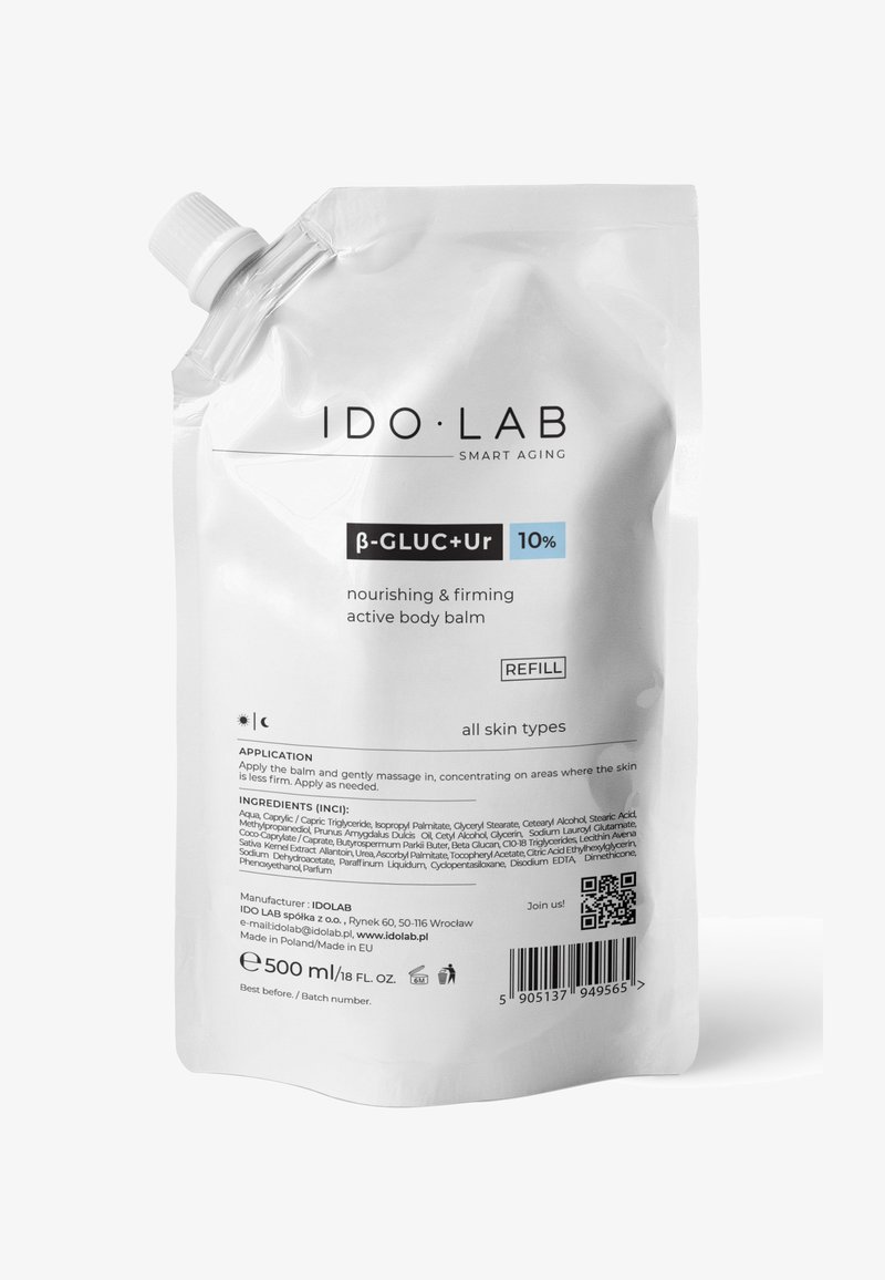 Wielokrotna torba stająca dla 500 ml aktywnego balsamu do ciała. Biała plastikowa z niebieską i czarną etykietą, zawierającą listę składników i instrukcje aplikacji.