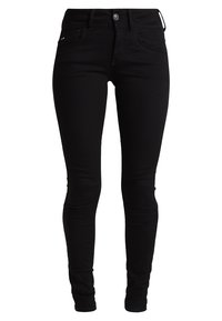 Jeans ajustados negros de mezclilla, con una silueta ceñida, diseño estándar de cinco bolsillos y cierre de botón en la parte frontal.