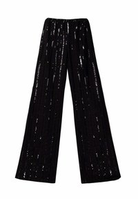 Zwarte wijde broek met verticale zwarte pailletten, voorzien van een elastische tailleband en een rechte zoom.