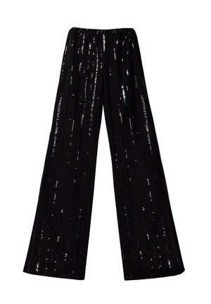 Zwarte wijde broek met verticale zwarte pailletten, voorzien van een elastische tailleband en een rechte zoom.