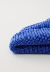 Blue knitted beanie with a ribbed texture, featuring a folded cuff and soft, thick yarn, positioned on a light background.
