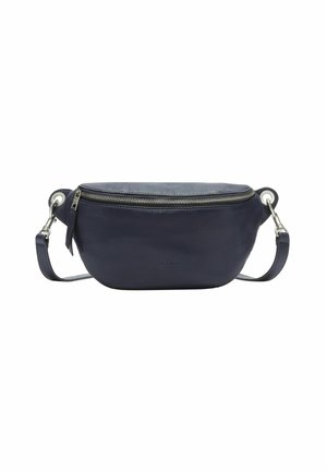 Tasche aus marineblauem Leder mit glatter Textur, runder Form, silbernen Reißverschlussdetails und einem abnehmbaren Schultergurt.