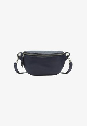 Navy leather crossbody bag with a smooth texture, rounded shape, silver zipper detailing, and a detachable shoulder strap.