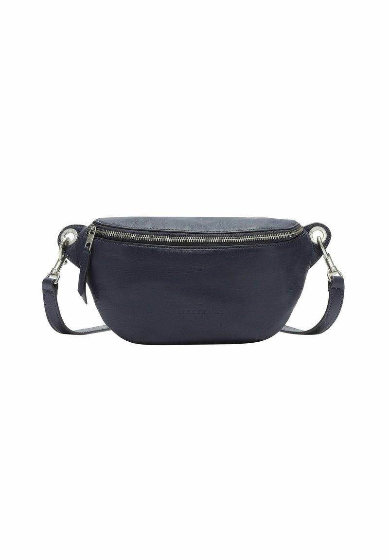 Borsa a tracolla in pelle blu navy con una superficie liscia, forma arrotondata, dettagli con cerniera argento e tracolla rimovibile.