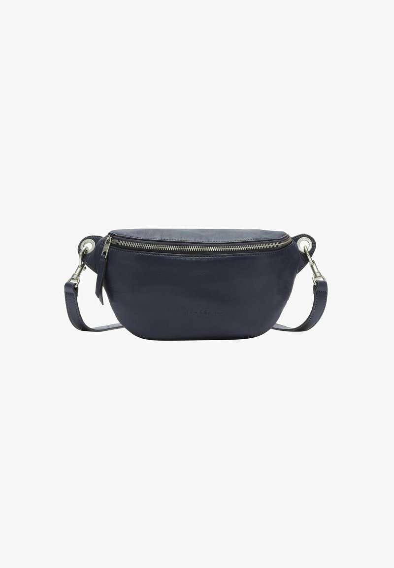 Borsa a tracolla in pelle blu navy con una superficie liscia, forma arrotondata, dettagli con cerniera argento e tracolla rimovibile.