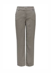 Pantaloni a scacchi in bianco e nero con design a gamba dritta e texture liscia, dotati di tasche frontali e passanti per cintura.