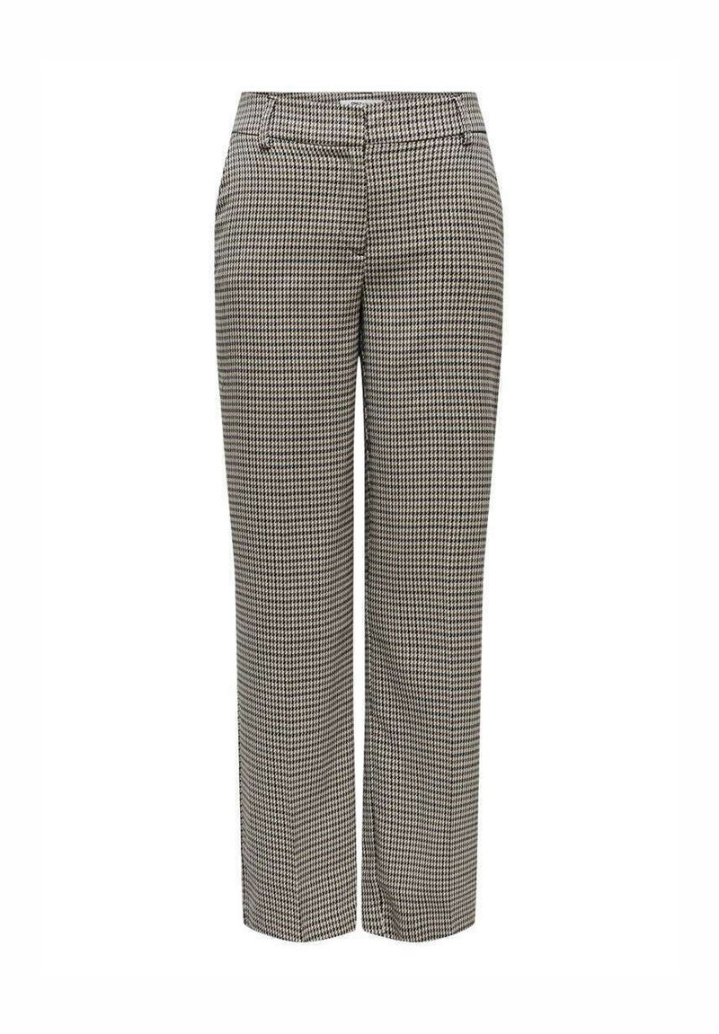 Pantaloni a scacchi in bianco e nero con design a gamba dritta e texture liscia, dotati di tasche frontali e passanti per cintura.