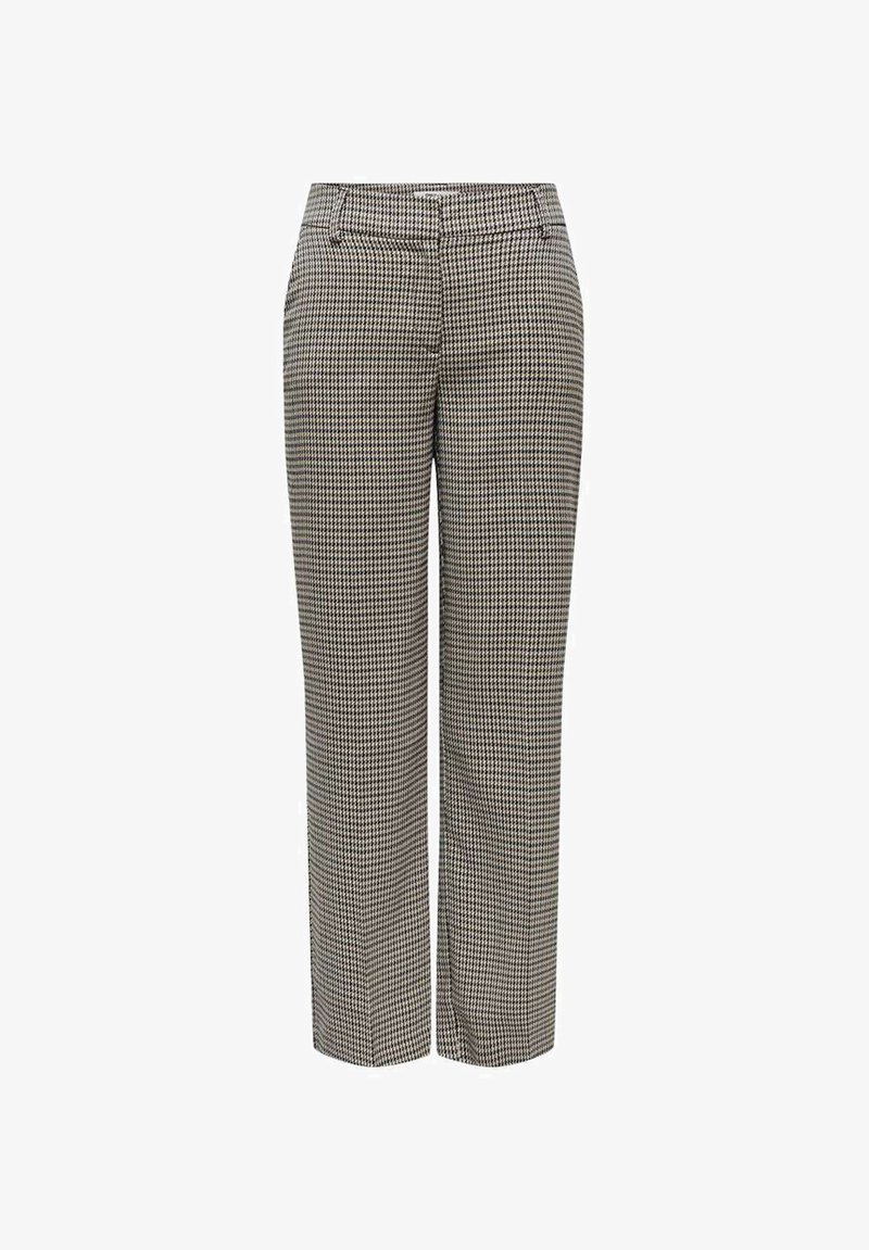 Pantalon à motif pied-de-poule en noir et blanc, avec une coupe droite et une texture lisse, doté de poches avant et d'une taille avec passants de ceinture.