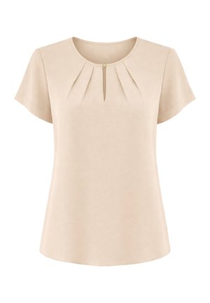 Beige Bluse mit kurzen Ärmeln, rundem Ausschnitt, Frontfalten und einem kleinen goldenen Knopf an der Schlüssellochöffnung.